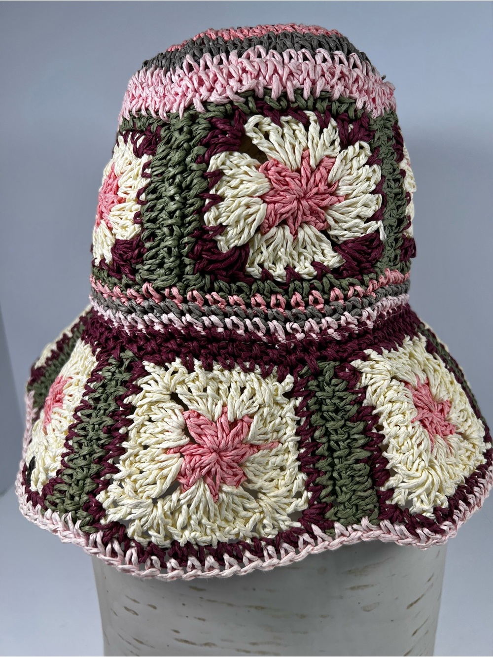 Peter Grimm Pura Vida Fergie Granny Square Crochet Straw Bucket Hat Pink Olive